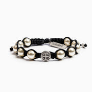 Ivory Pearl Divine Blessings Bracelet Silver Benedictine Medal on Black Cord - Unique Catholic Gifts