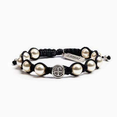 Ivory Pearl Divine Blessings Bracelet Silver Benedictine Medal on Black Cord - Unique Catholic Gifts