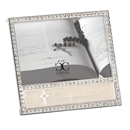 Silver Cross Enamel and Rhinestone Confirmation Picture Frame (6") for 4 x 6 picture - Unique Catholic Gifts