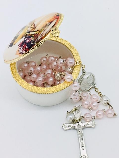 Round Porcelain Rosary First Communion Box with Glass Enclosed Top - Unique Catholic Gifts