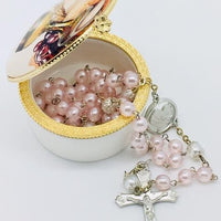 Round Porcelain Rosary First Communion Box with Glass Enclosed Top - Unique Catholic Gifts