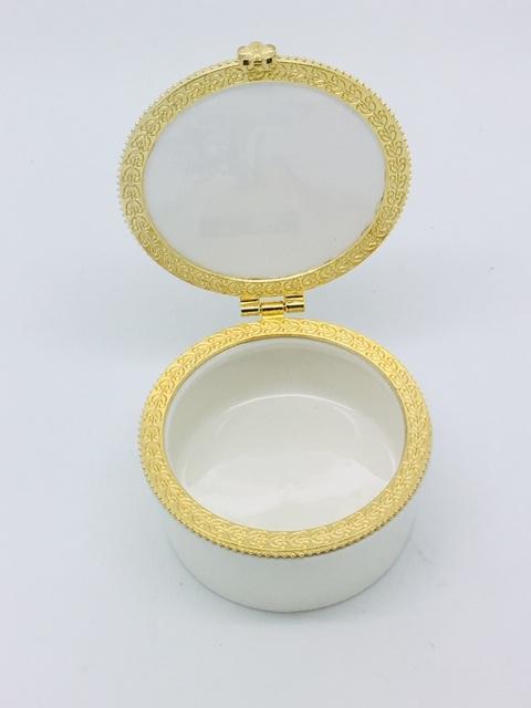 Round Porcelain Rosary First Communion Box with Glass Enclosed Top - Unique Catholic Gifts