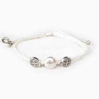 Silver Medal on White Cord Holy First Communion Pearl and Swarovski Bracelet "Child of God" - Unique Catholic Gifts