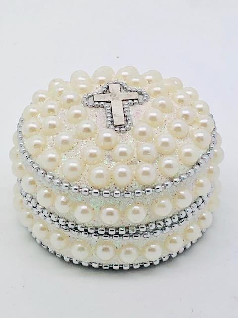 Pearl and Cross Rosary Box (Round) - Unique Catholic Gifts