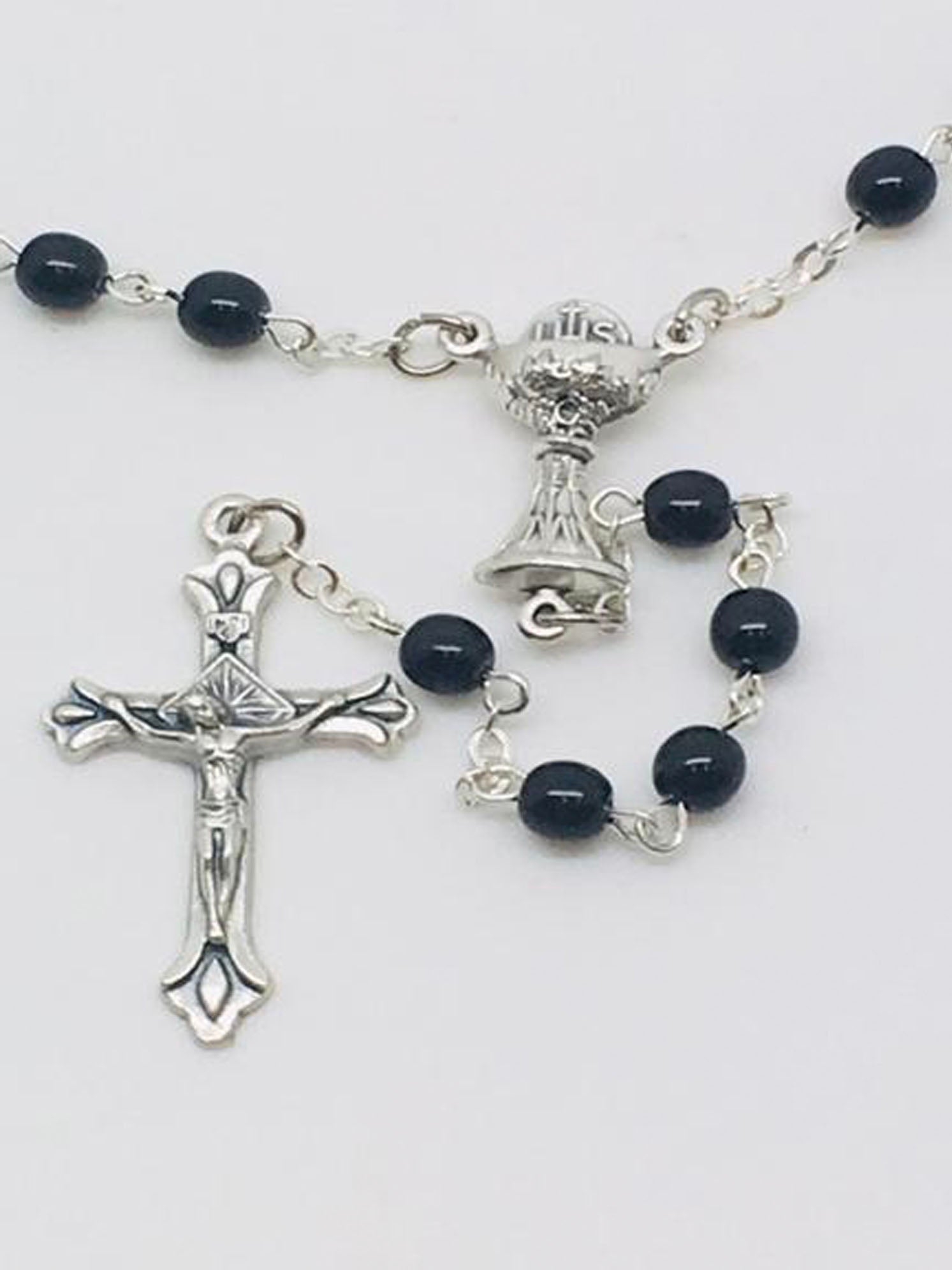 First Communion Black Glass Bead Rosary with Chalice Center Piece (5MM) - Unique Catholic Gifts
