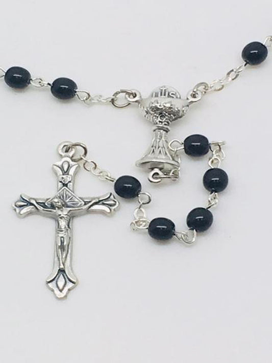 First Communion Black Glass Bead Rosary with Chalice Center Piece (5MM) - Unique Catholic Gifts