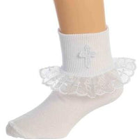 Girl's Baptismal Socks with Lace Trim and Cross (Size 3-5) - Unique Catholic Gifts