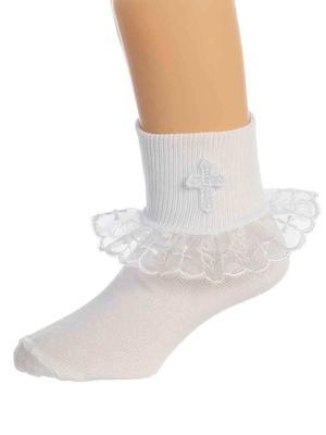 Girl's Baptismal Socks with Lace Trim and Cross (Size 6-8) - Unique Catholic Gifts