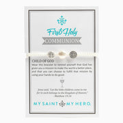 Silver Medal on White Cord Holy First Communion Pearl and Swarovski Bracelet "Child of God" - Unique Catholic Gifts