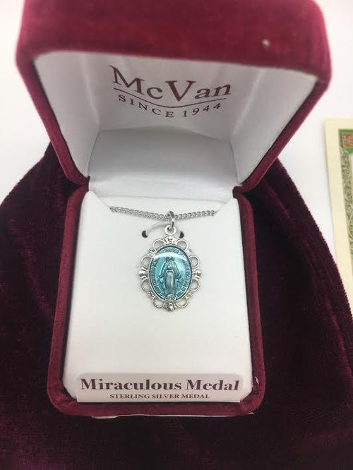 STERLING SILVER BLUE MIRACULOUS MEDAL CH&BX - Unique Catholic Gifts