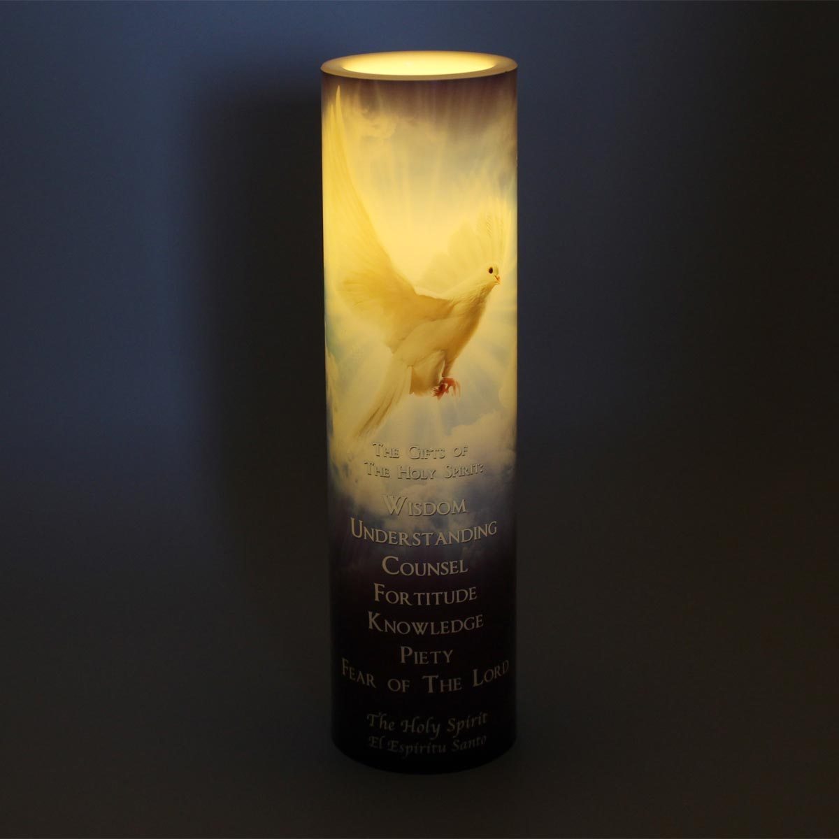 Holy Spirit Blue LED Candle Timer - Unique Catholic Gifts