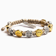 Benedictine Blessing Bracelet (mixed) Gold and Silver Medals on a Tan Cord - Unique Catholic Gifts