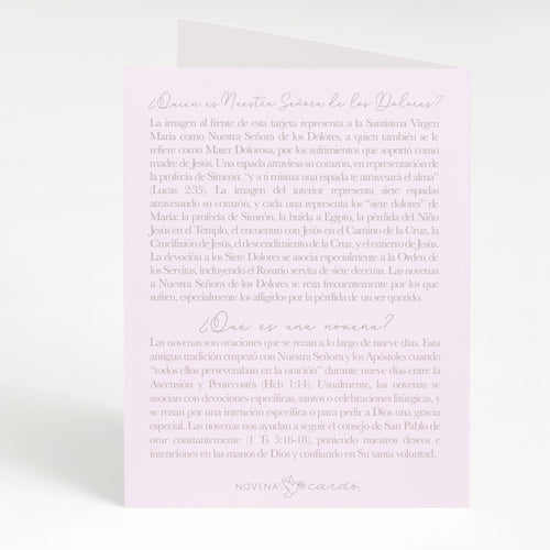 Nuestra Señora de los Dolores | Tarjeta de Novena | Morado Claro - Unique Catholic Gifts