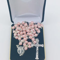 Pink Pearl Bead Miraculous Medal Rosary (21") - Unique Catholic Gifts