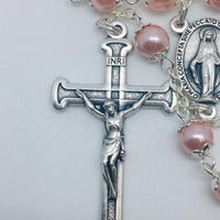 Pink Pearl Bead Miraculous Medal Rosary (21") - Unique Catholic Gifts