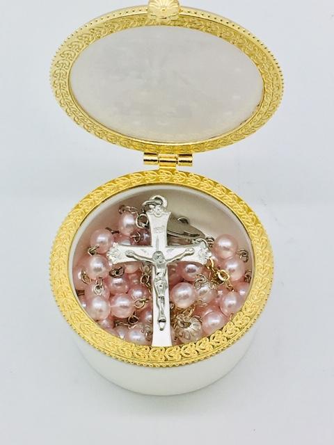 Round Porcelain Rosary First Communion Box with Glass Enclosed Top - Unique Catholic Gifts