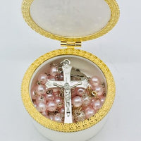 Round Porcelain Rosary First Communion Box with Glass Enclosed Top - Unique Catholic Gifts