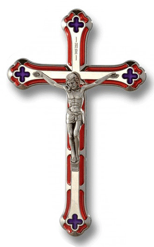 7" Red and Blue Enamel Salerni Cross Crucifix with Silver Tone Corpus - Unique Catholic Gifts