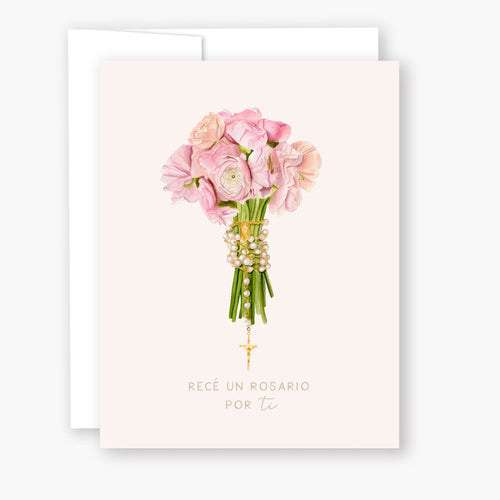 Tarjeta Rece un Rosario por Tu - Ranúnculos Rosa - Unique Catholic Gifts