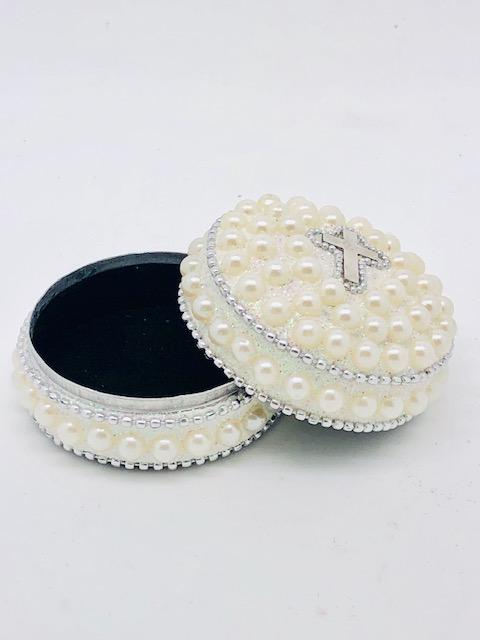 Pearl and Cross Rosary Box (Round) - Unique Catholic Gifts