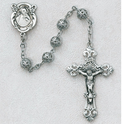 Silver Filagree Rosary with a Sterling Silver Sacred Heart Centerpiece and Crucifix 6mm - Unique Catholic Gifts