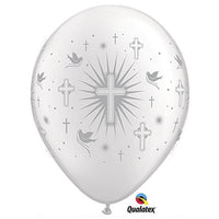 11" Cross Doves Silver on White Balloon - Unique Catholic Gifts