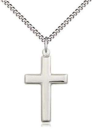 Sterling Silver Polished Cross (7/8") on a 18 inch Light Rhodium Light Curb Chain. - Unique Catholic Gifts