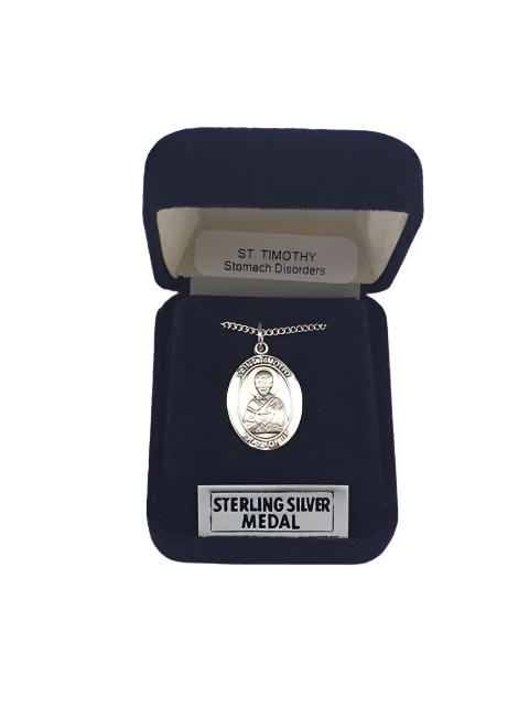 Sterling Silver St. Timothy Medal (Patron Saint of Stomach Disorders) with 18" chain - Unique Catholic Gifts