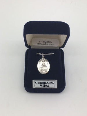 Sterling Silver St. Timothy Medal (Patron Saint of Stomach Disorders) with 18" chain - Unique Catholic Gifts