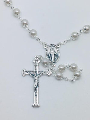White Pearl Bead Miraculous Medal Rosary (21