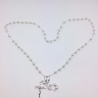White Pearl Bead Miraculous Medal Rosary (21") - Unique Catholic Gifts