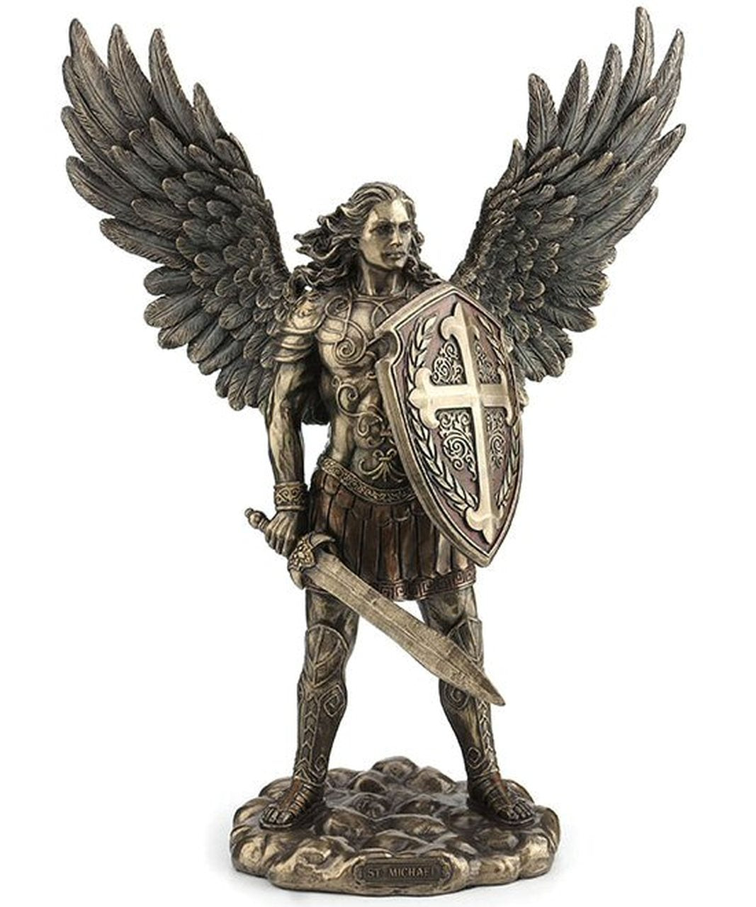 Bronze Archangel Saint Michael with Sword and Shield Statue 11" - Unique Catholic Gifts