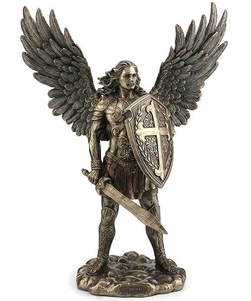 Bronze Archangel Saint Michael with Sword and Shield Statue 11" - Unique Catholic Gifts